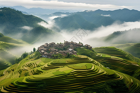 云雾缭绕的山村梯田背景