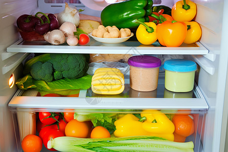 冰箱中冷藏的蔬果背景图片