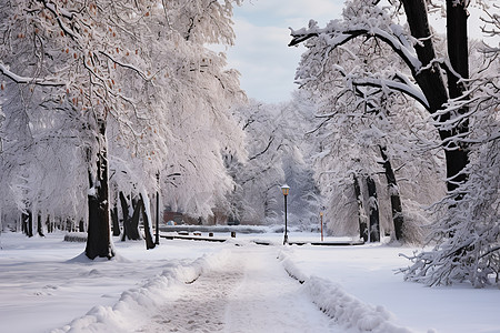 冰雪公园冰雪覆盖的公园小道背景