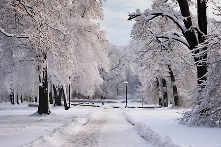 冰雪覆盖的公园小道背景图片