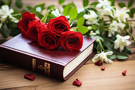 桌子上的红玫瑰和书本图片