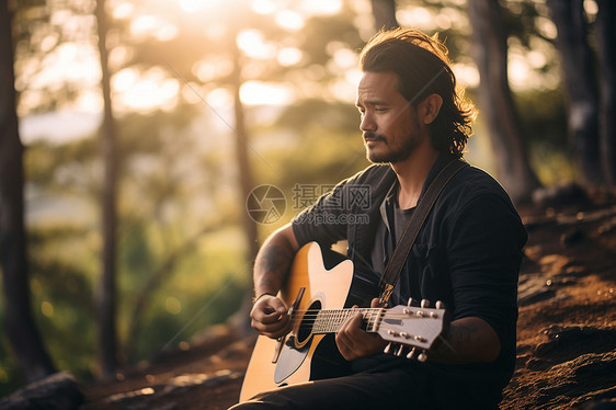 林中弹奏吉他的男人图片