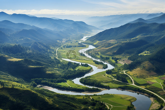 山脉中长长的河流图片