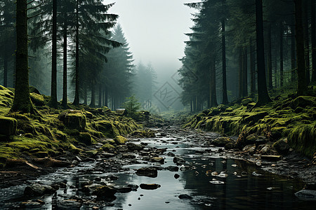 森林中的雾霾和河流图片