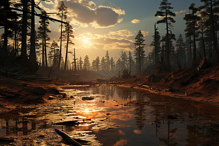 日落下的森林河流图片