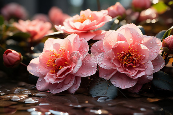 粉色花束上的雨滴图片