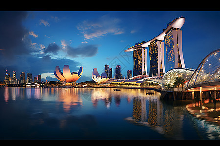 建筑外墙夜景新加坡的城市天际线背景