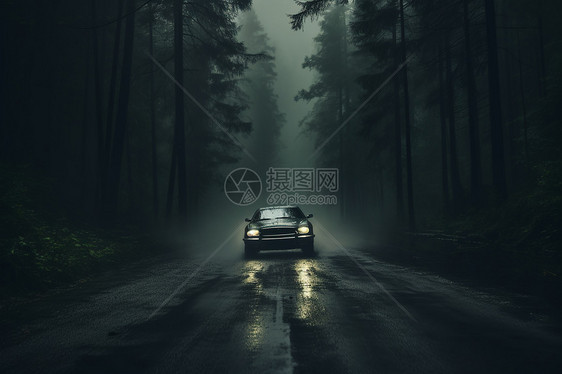 汽车在雾气弥漫的森林中行驶图片