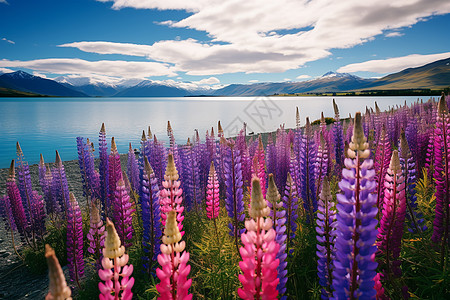 唯美紫色湖畔湖光山色下的花海背景