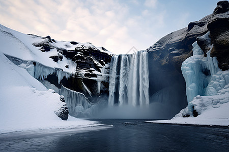 冰岛冬季瀑布冰岛的冻结景观背景