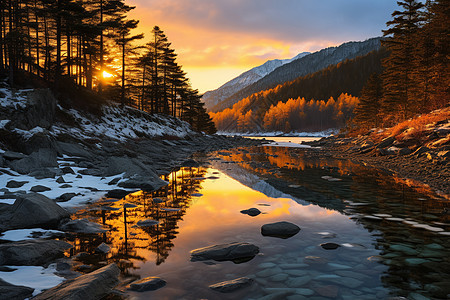 日落下的冰湖背景图片