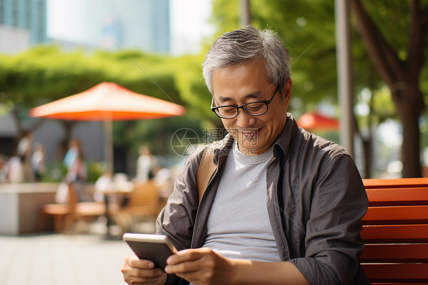 公园中玩手机的男人图片