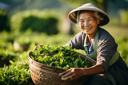 拿着竹筐采茶的农民背景