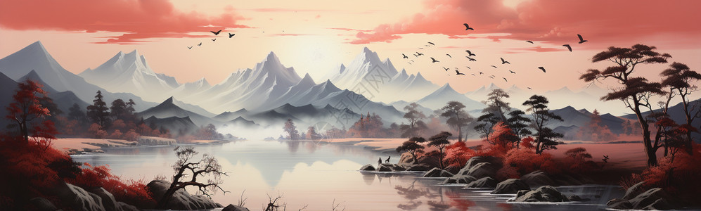 山湖飞鸟晚霞的风景画图片