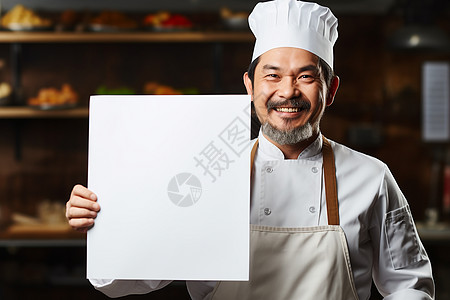 厨师手持白板在厨房里图片