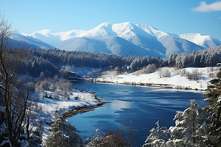 笔墨画冬日中的湖山画背景