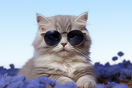 猫戴着墨镜在花田中图片
