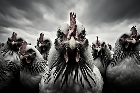 黑白色的鸡群照片图片