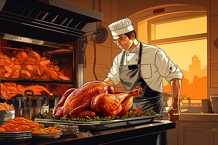 烤盘火鸡在炉中烤制插画