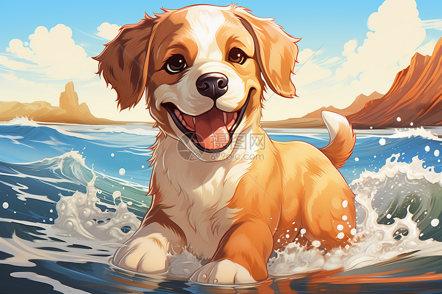 海滩上的可爱小狗贴纸图片