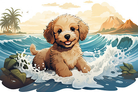 可爱的小狗在大海玩耍图片