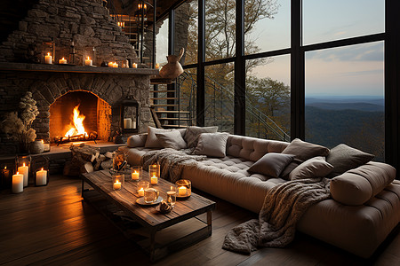温馨火炉边一窗远山美景图片