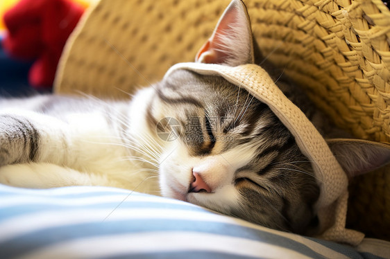 猫咪睡在带帽子的床上图片