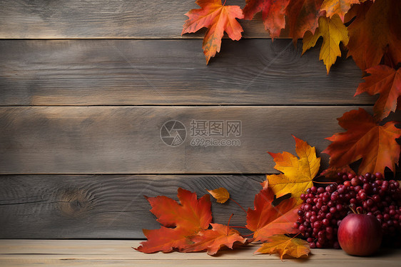 木板上的果实和枫叶图片