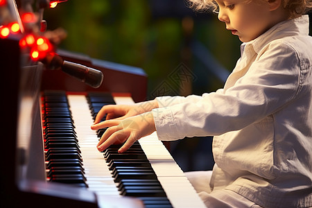 户外弹奏钢琴的小男孩图片