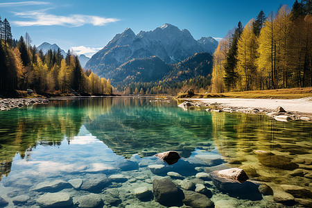 一座山涧湖泊图片