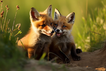 两只狐狸在草地上图片