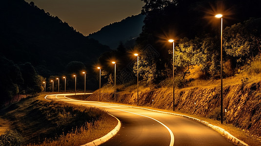 夜晚公路上的路灯背景图片