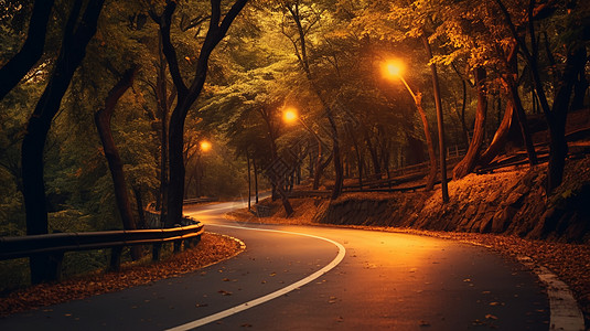 夜晚道路上的路灯背景图片