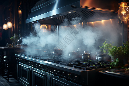 厨房夜景烟雾缭绕的厨房背景