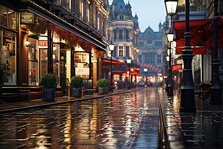 雨季街景街道中的建筑和道路背景