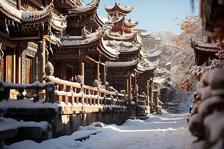 雪景中传统的房屋建筑图片