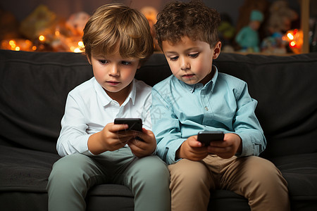 玩手机的两个男孩图片