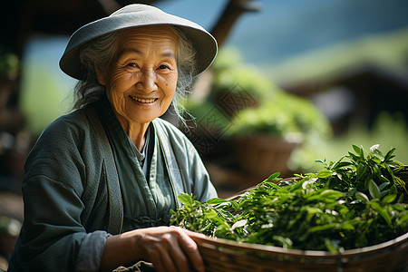 采茶叶的老婆婆背景图片