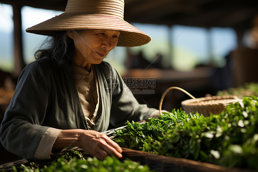 戴着帽子的采茶女图片