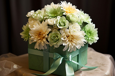 蝴蝶结和鲜花绿色盒子上的鲜花背景