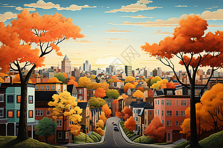 五彩斑斓的城市秋景图片