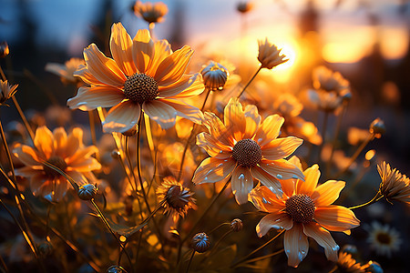 夕阳下的金黄花朵图片