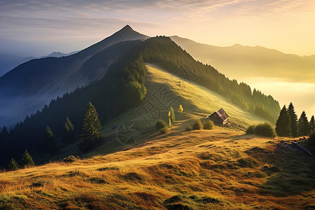 夕阳下的山顶小屋图片