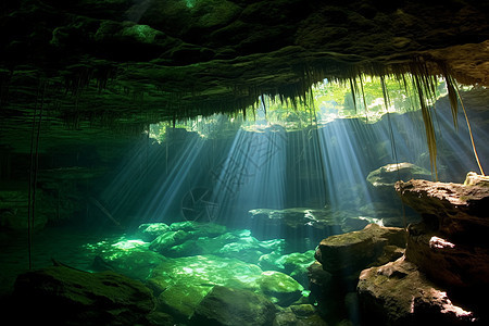 阳光洒在洞口水面上图片