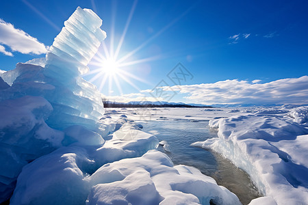阳光下的冰湖图片