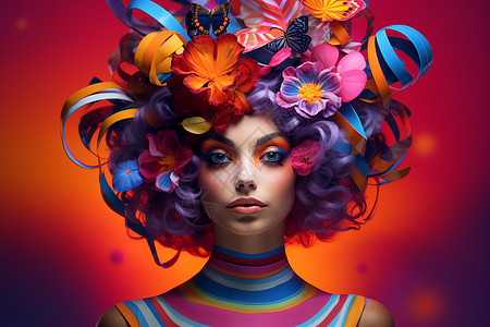 插画化妆品女人头上的花朵背景