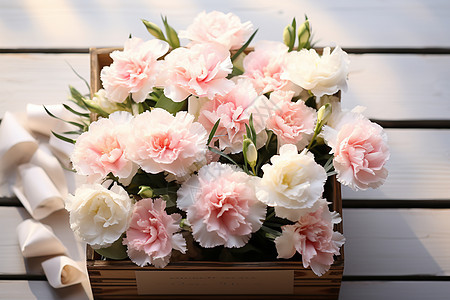粉白花束盛放于木制盒子中图片