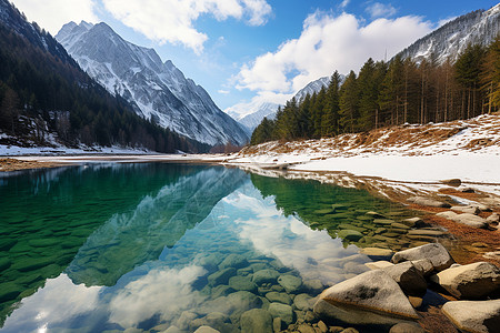 静谧的雪山湖泊高清图片