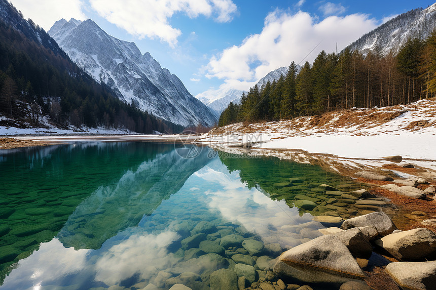 静谧的雪山湖泊图片