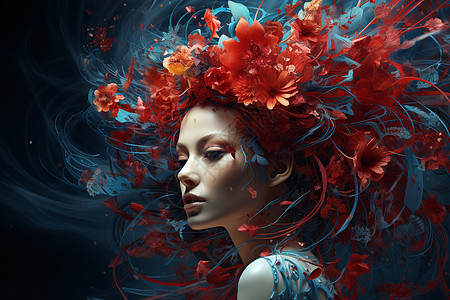 女人头发上戴着红色的花高清图片